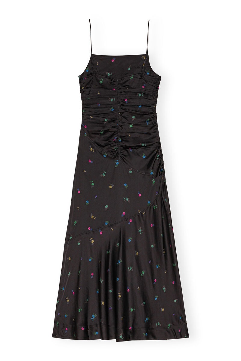 Floral Satin Ruched Long Slip-kjole, in colour Black - 2 - GANNI