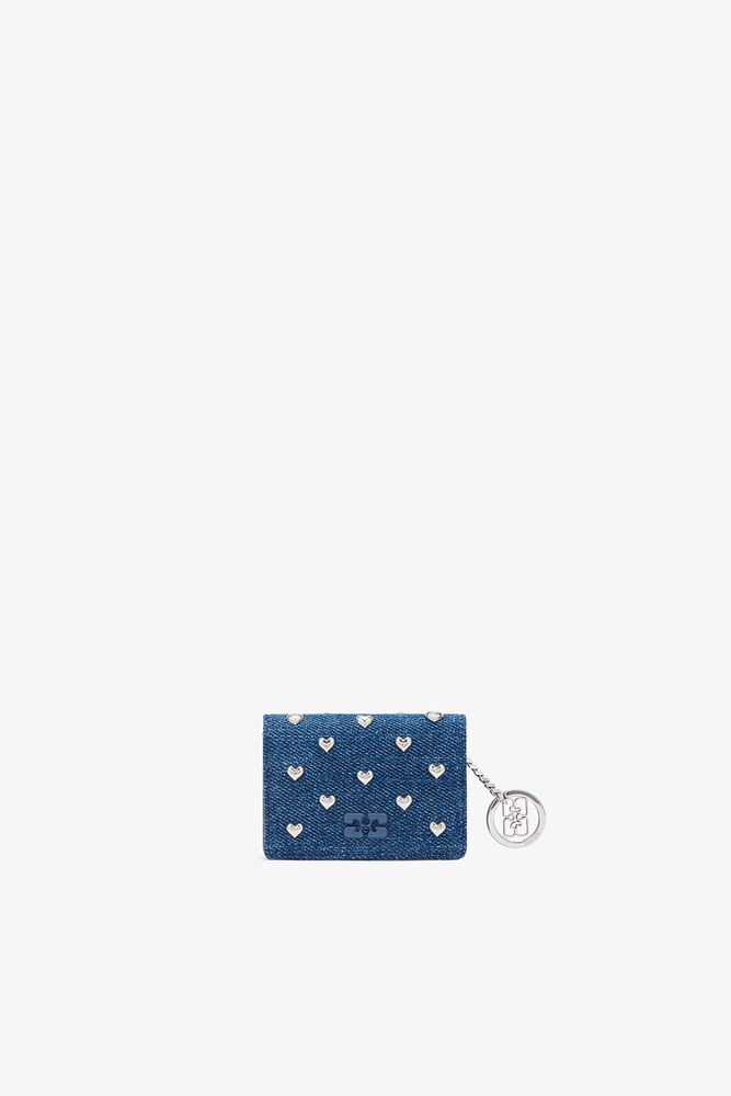 Porte-cartes en denim avec rabat et clous en forme de c&oelig;ur Bou, Faded Denim
