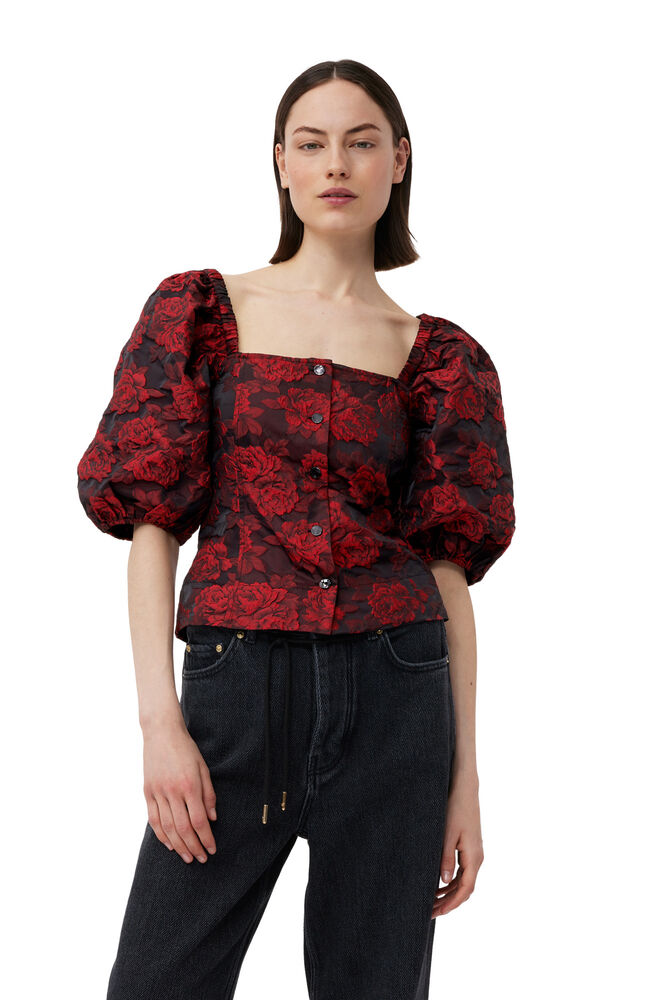 GANNI Red Botanical Jacquard Fitted Blouse,High Risk Red