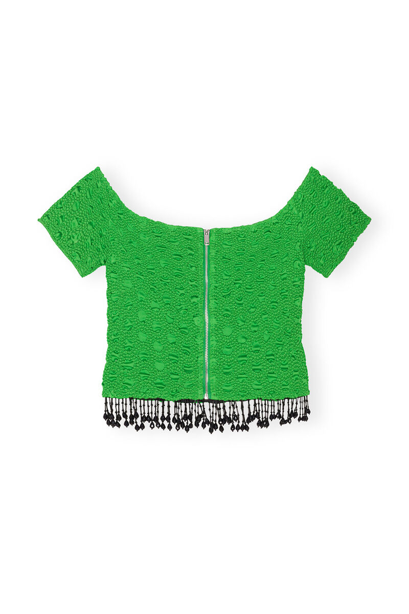 Smocked Satin Off Shoulder Top, Polyester, in colour Classic Green - 2 - GANNI