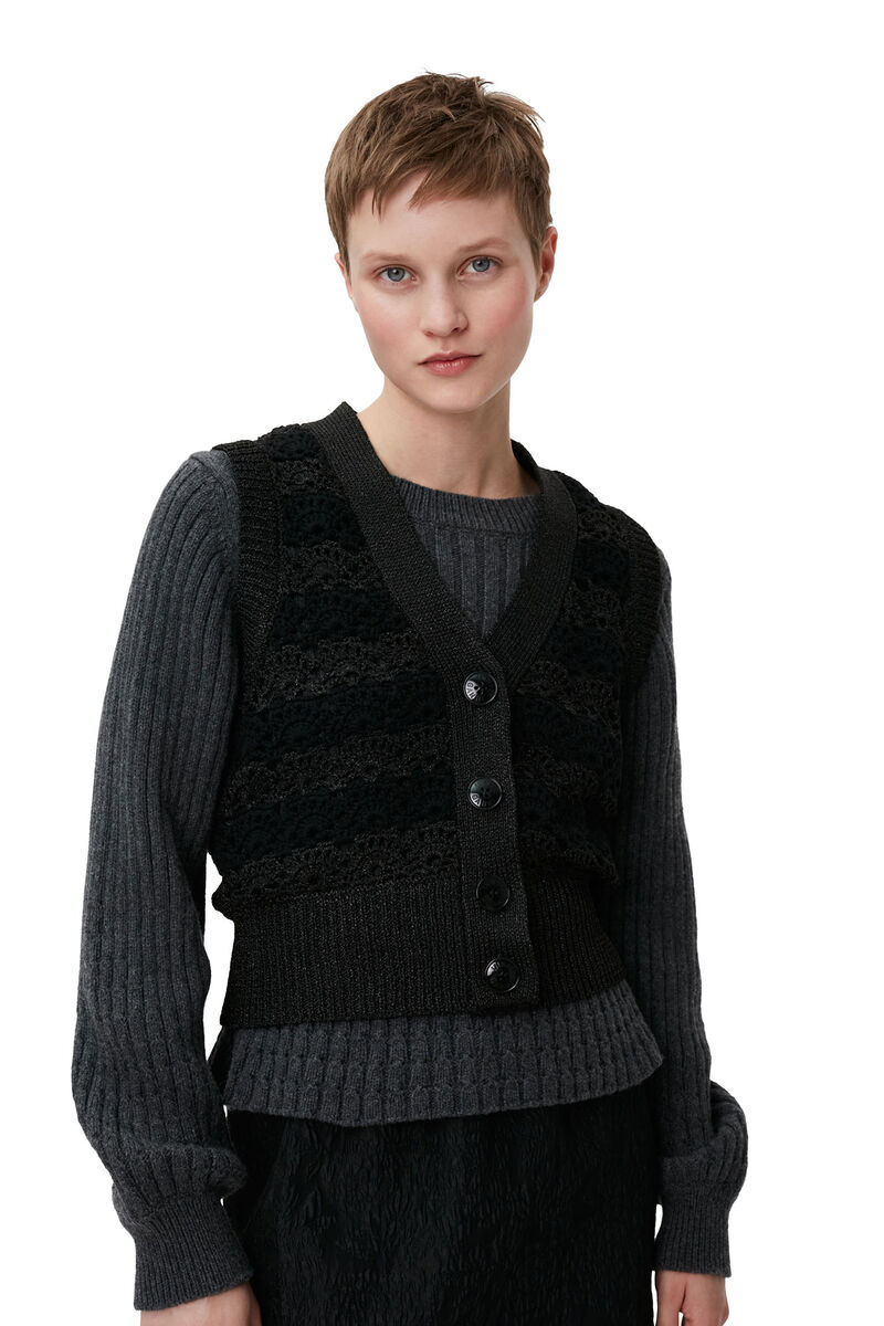 Cropchet V-neck Vest, Nylon, in colour Black - 7 - GANNI