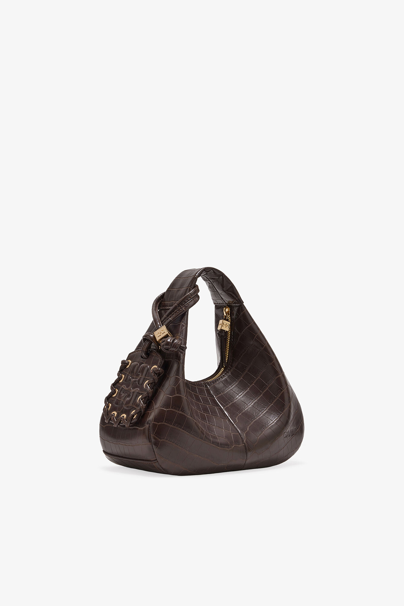 Brown Croco Mini Hobo Bag, Recycled Leather, in colour Chocolate Fondant - 2 - GANNI