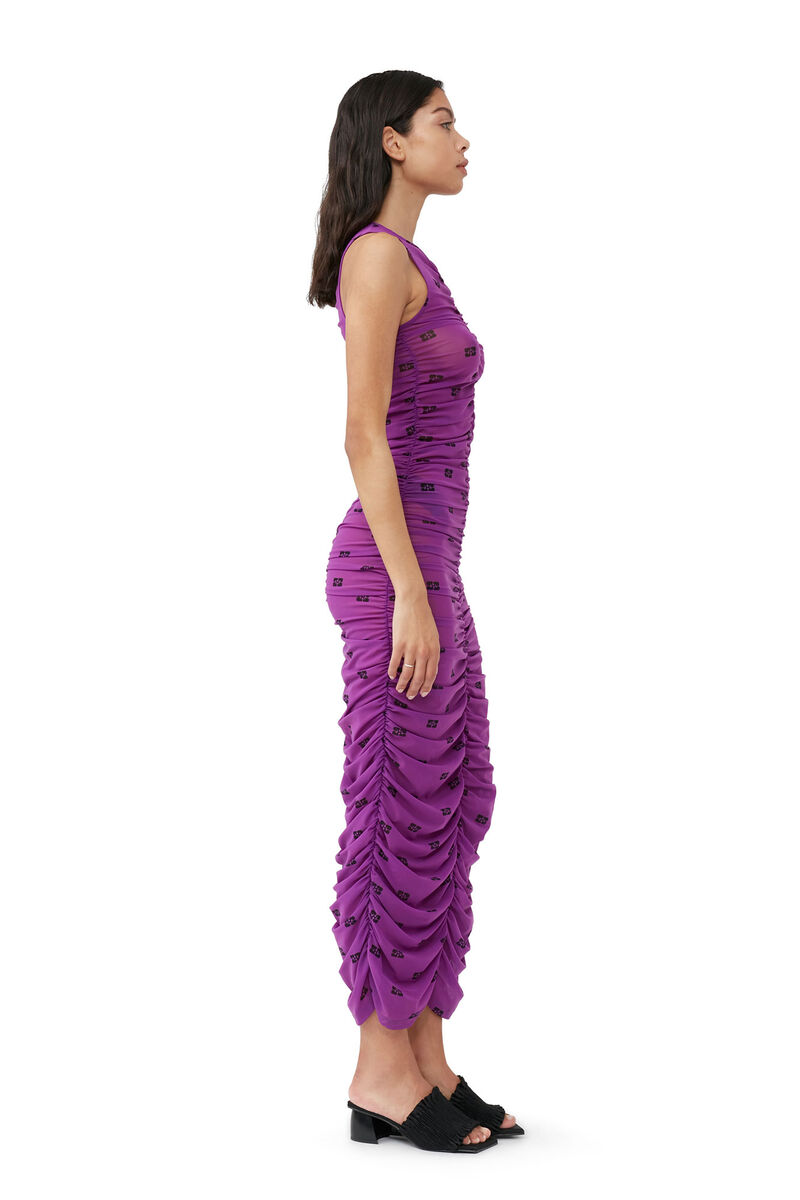 Printed Mesh Ruched Sleeveless Long Dress, Elastane, in colour Sparkling Grape - 5 - GANNI