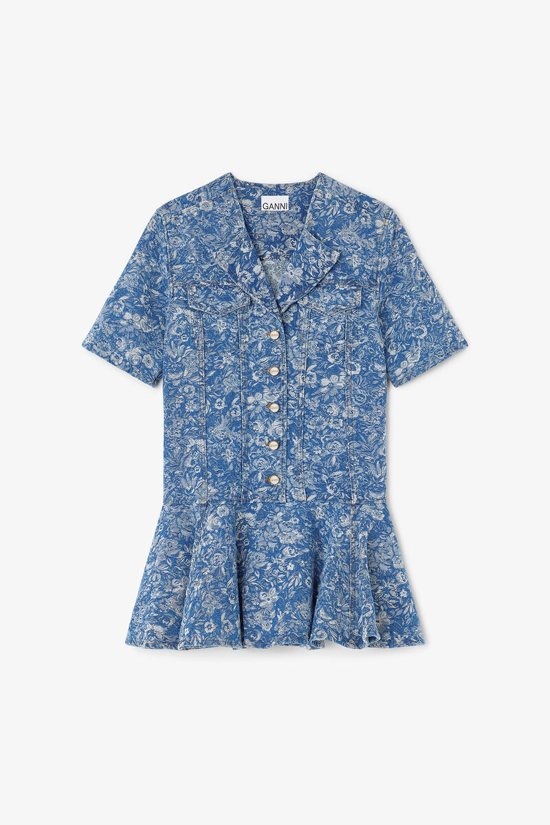 Blue Tapestry Mini Dress, Organic Cotton, in colour Mid Blue Stone - 1 - GANNI