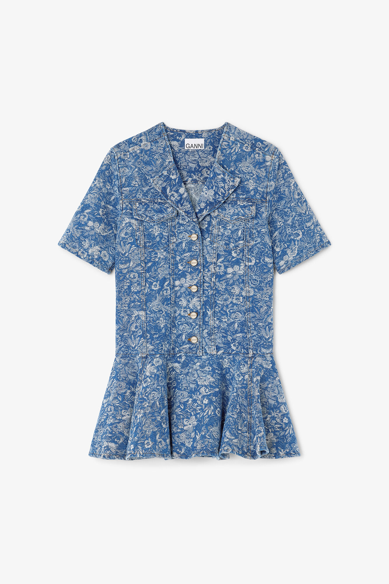 Blue Tapestry Mini Dress, Organic Cotton, in colour Mid Blue Stone - 1 - GANNI