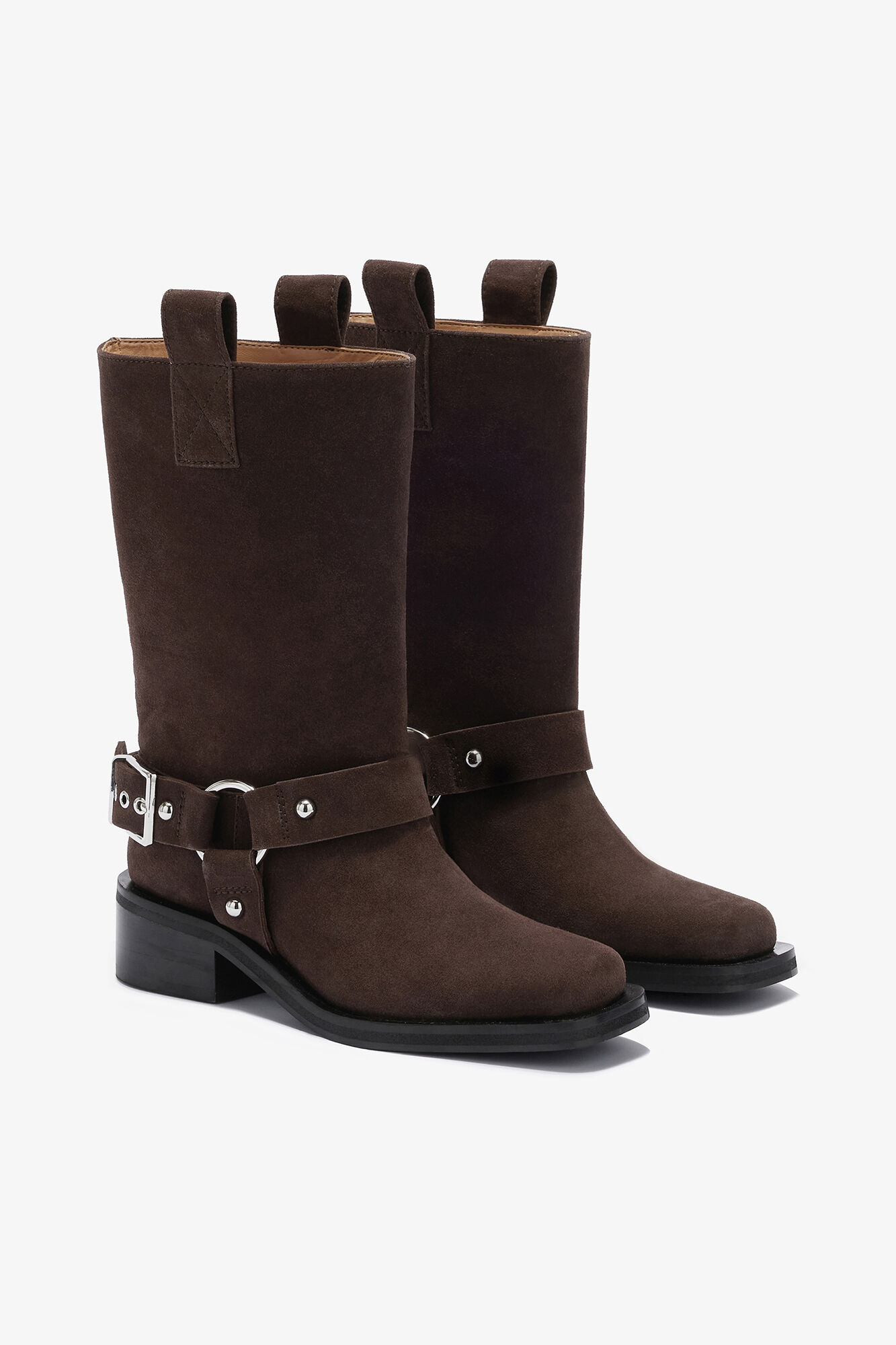 Mid Shaft Biker Boot in Brown Suede, Recycled Leather, in colour Chicory Coffee - 2 - GANNI