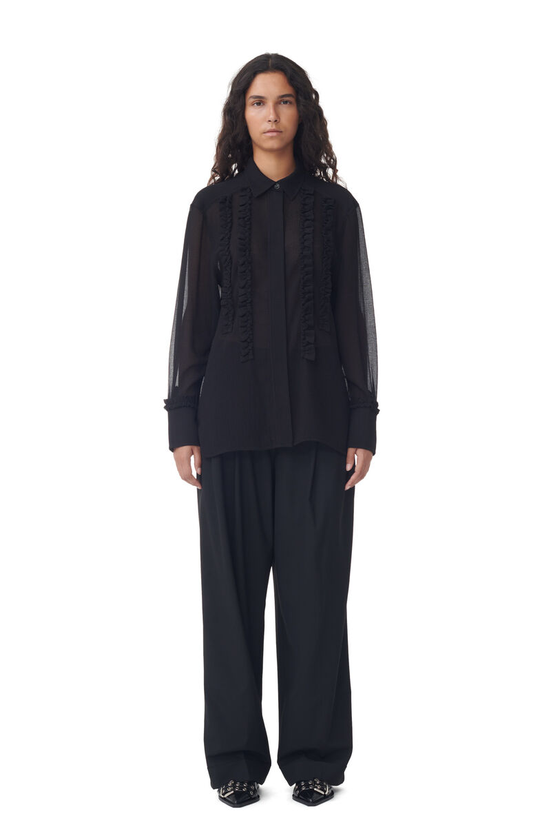 Black Chiffon Ruffle skjorta, Recycled Polyester, in colour Black - 2 - GANNI