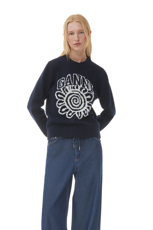 Ganni Blue Sweater With Intarsia Logo Detail In Wool Blend Woman In Navy