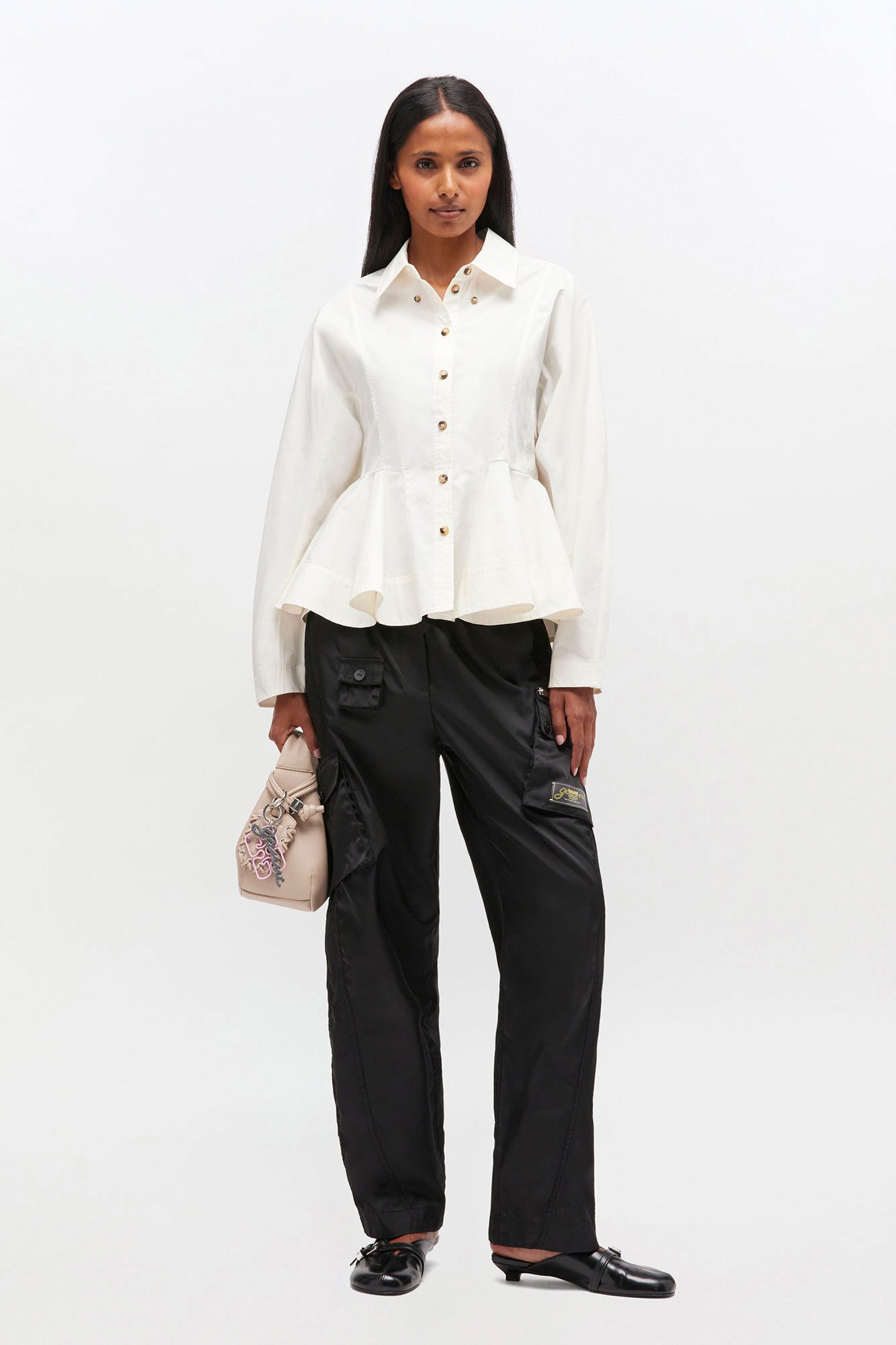 Ivory Peplum Shirt, Elastane, in colour Egret - 2 - GANNI