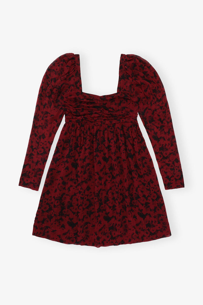 Red Printed Georgette Mini Dress, Viscose, in colour Syrah - 3 - GANNI