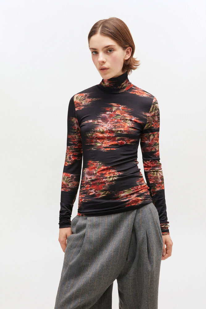 Floral Jersey Turtleneck, Black