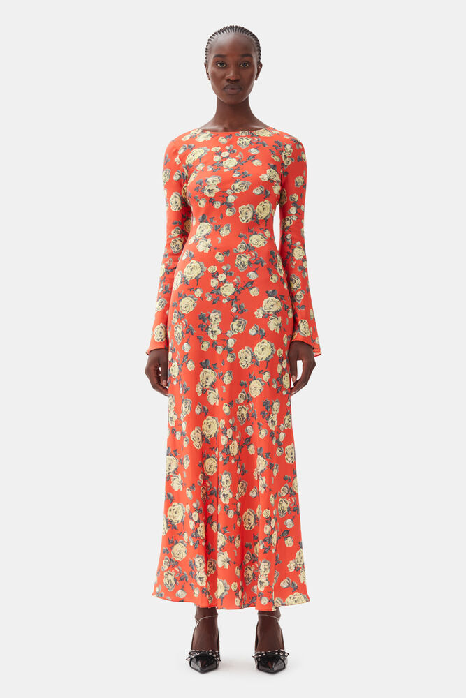 Orange Floral Printed Satin Maxi Dress, Poinciana