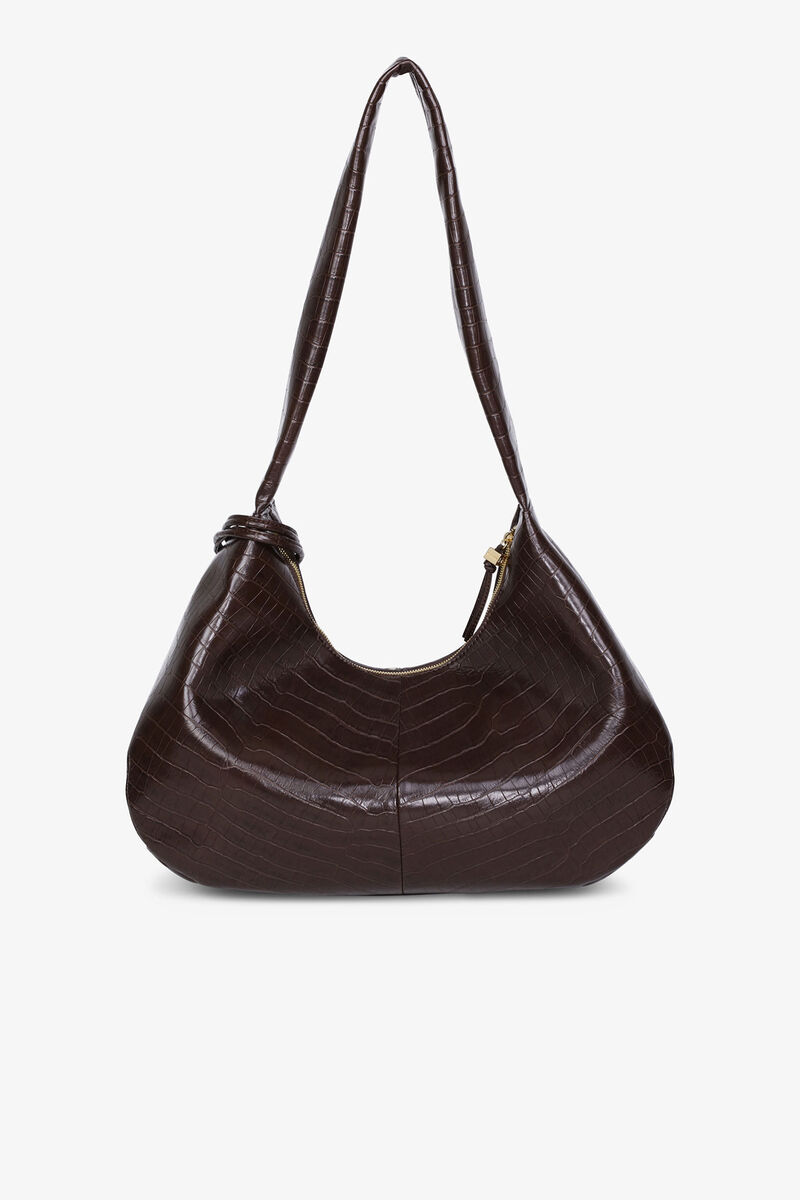 Brown Croco Medium Hobo Bag, Lyocell, in colour Chocolate Fondant - 3 - GANNI