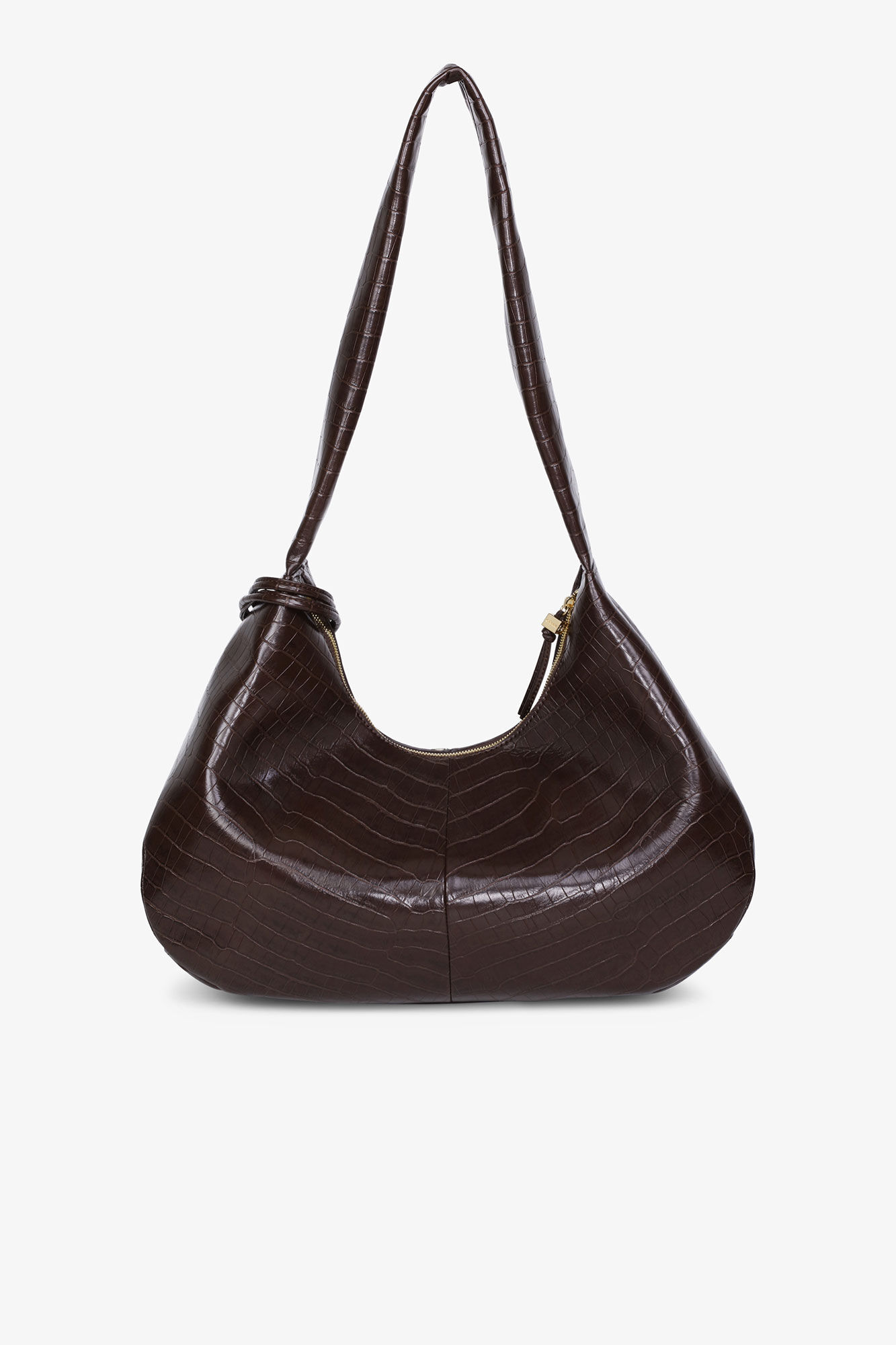 Brown Croco Medium Hobo Bag, Lyocell, in colour Chocolate Fondant - 3 - GANNI