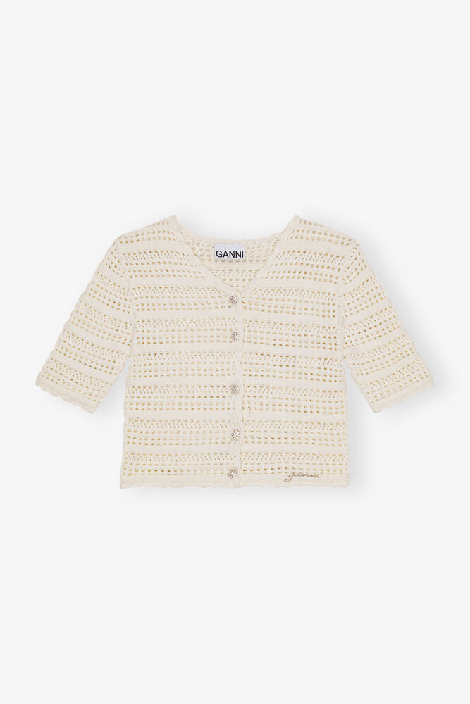Ivory Pointelle Short Sleeve Cardigan, Egret