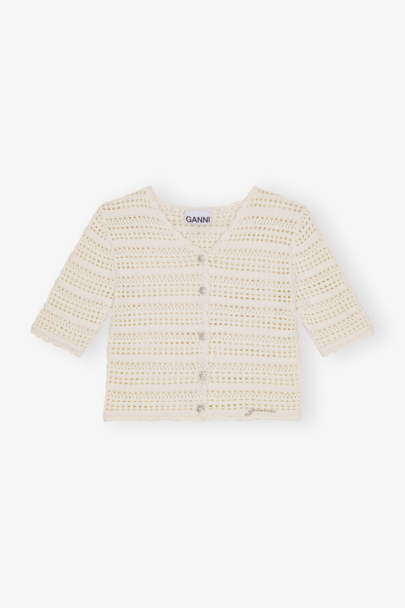Ivory Pointelle Short Sleeve Cardigan, Cotton, in colour Egret - 1 - GANNI