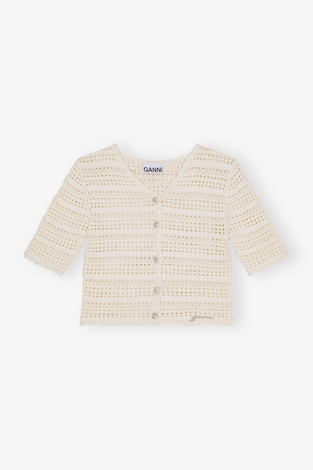 Ivory Pointelle Short Sleeve Cardigan, Cotton, in colour Egret - 1 - GANNI