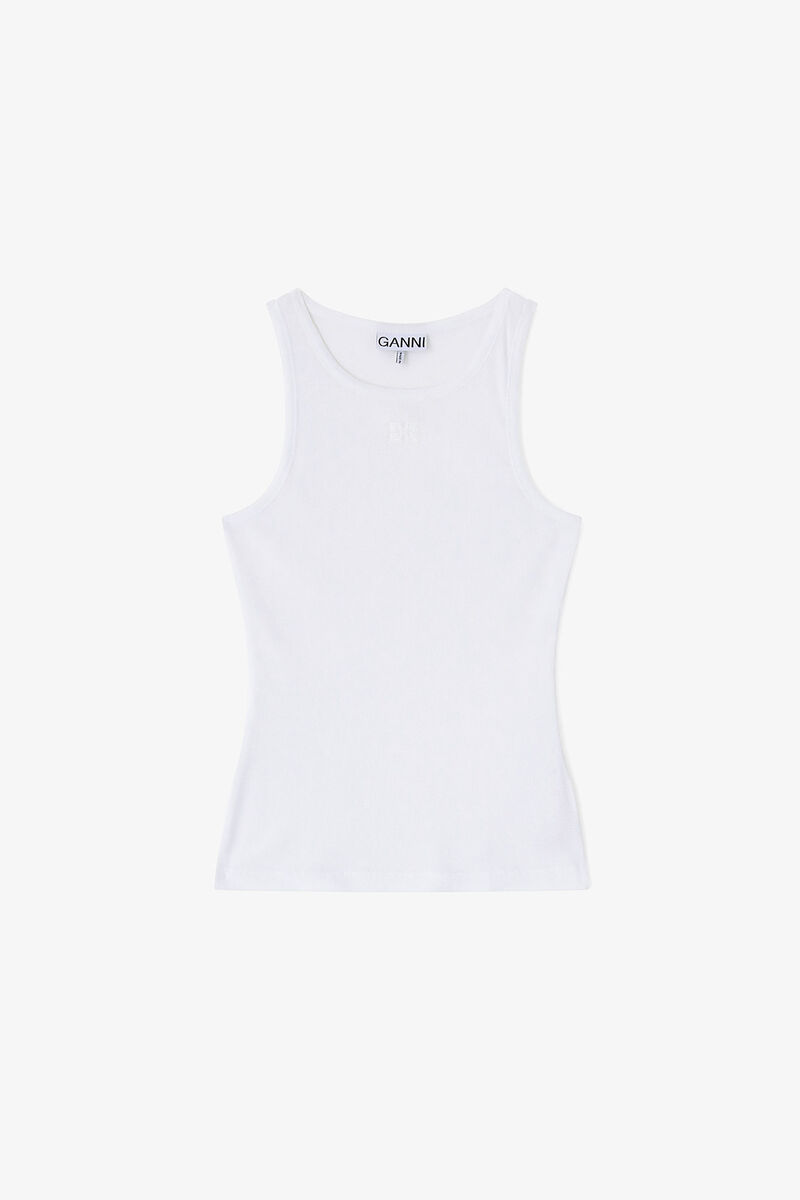 White Soft Cotton Rib Tank Top, Elastane, in colour Bright White - 1 - GANNI