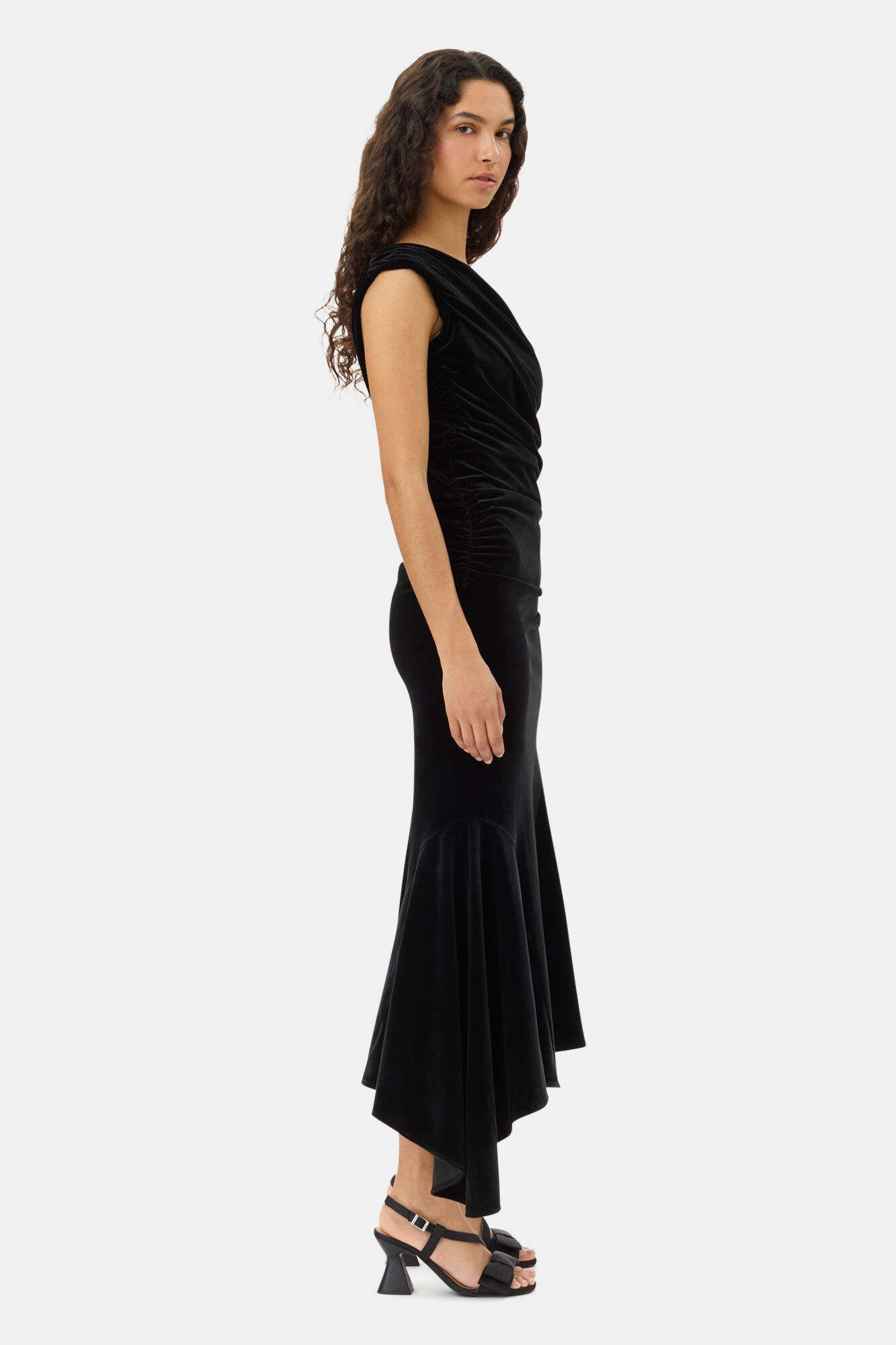 Black Velvet Ruched Dress, Recycled Polyester, in colour Black - 3 - GANNI