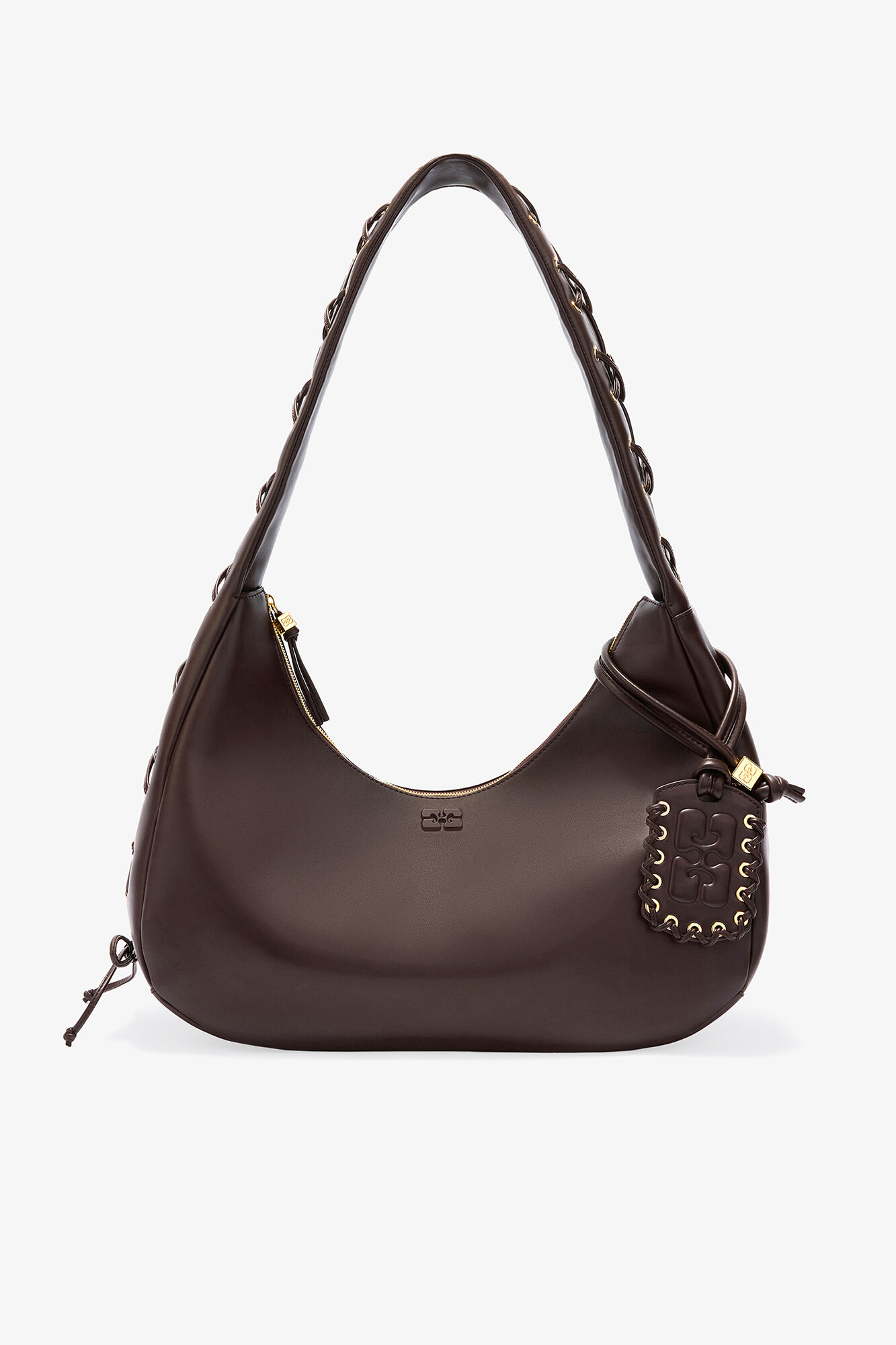 Brown Medium Laces Hobo Bag, Recycled Leather, in colour Chocolate Torte - 1 - GANNI