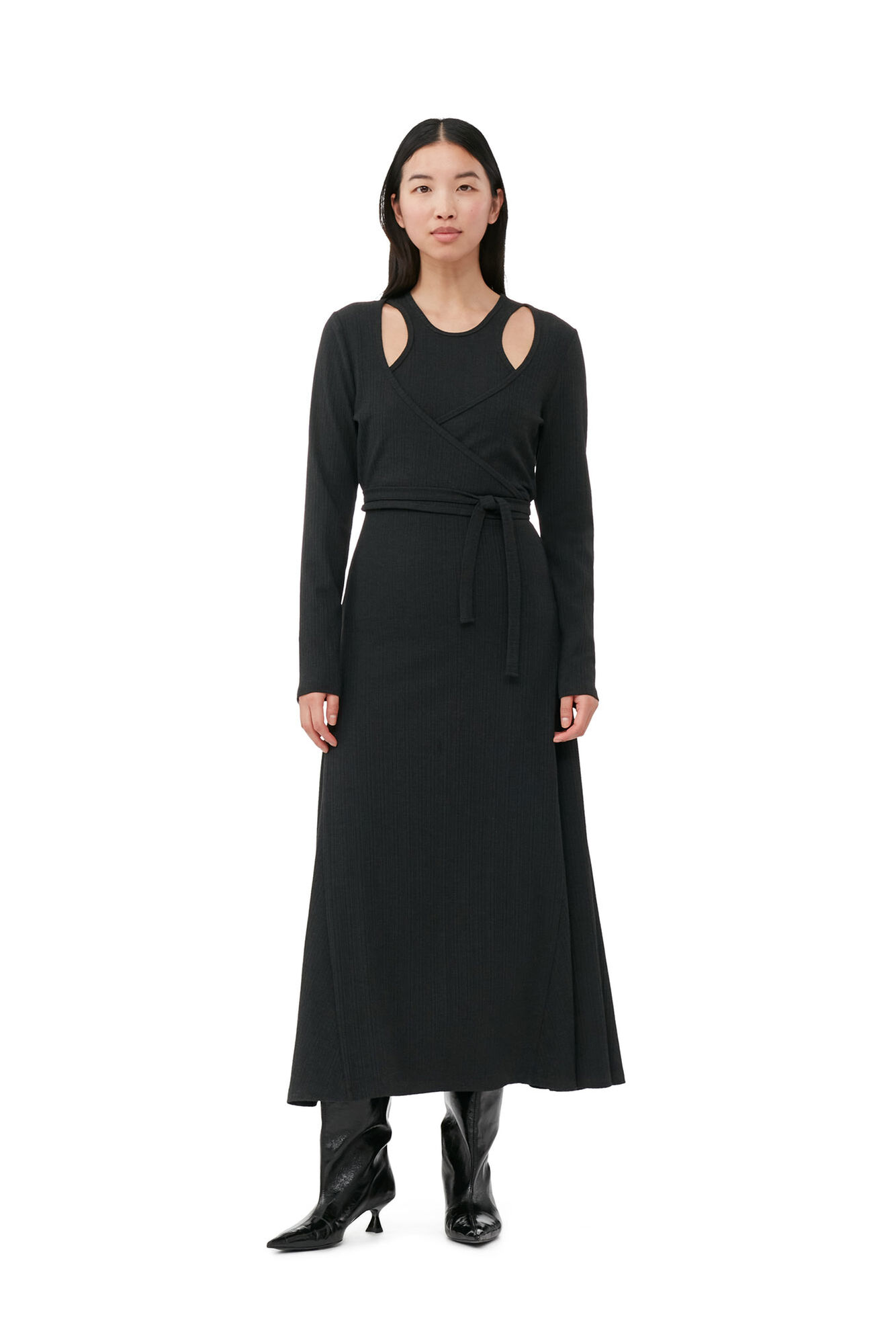 Ganni Black Rib Jersey Wrap Maxi Dress