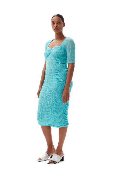 Ganni Short Sleeve Stretch Lace Ruched Midi Dress