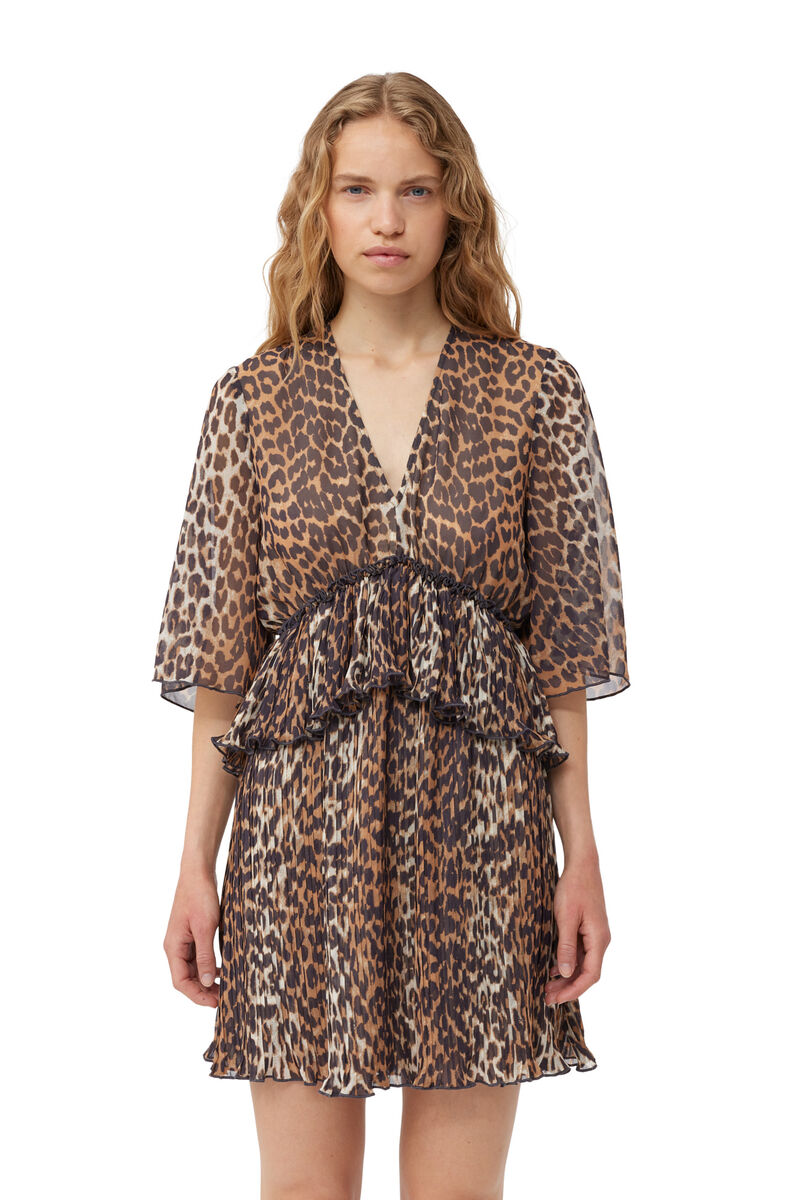 Leopard Pleated Georgette V-neck Flounce Minikjole, Recycled Polyester, in colour Almond Milk - 4 - GANNI