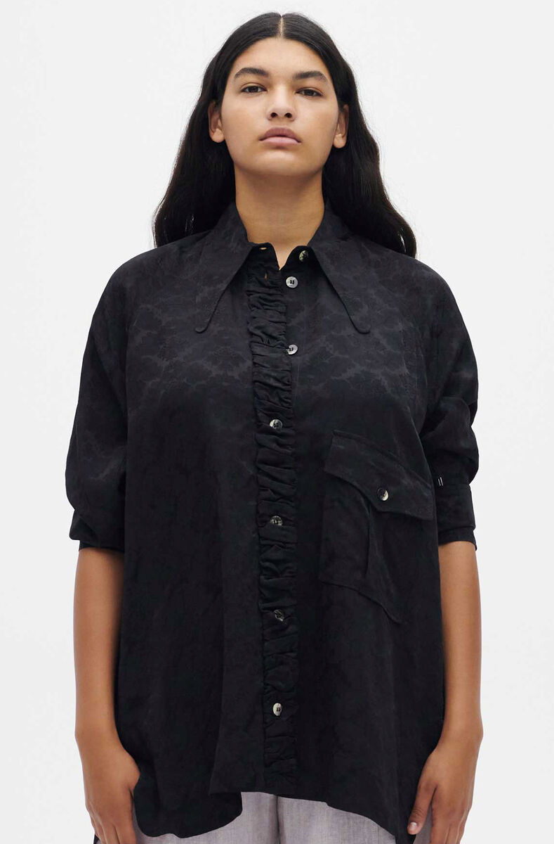 Viscose Jacquard Viscose Jacquard Oversized Shirt, Viscose, in colour Black - 1 - GANNI
