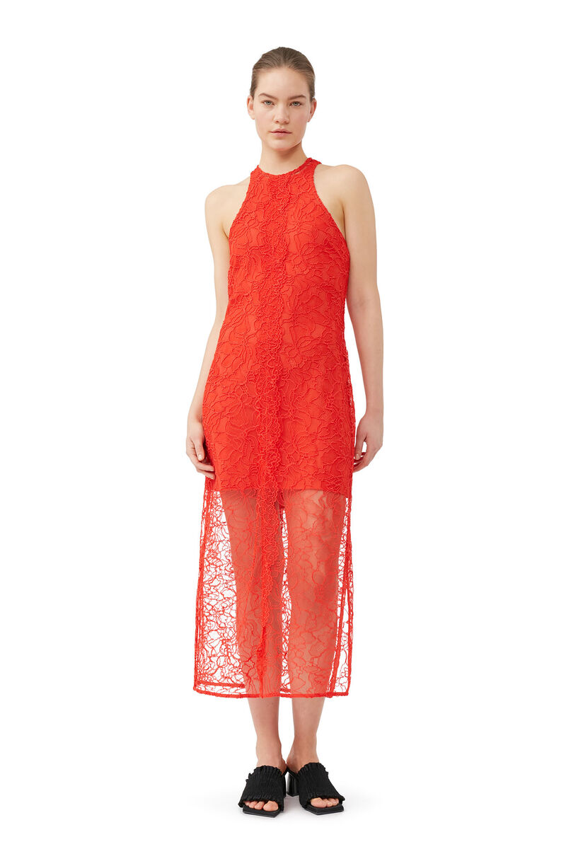 Red Lace Halter Neck Dress, Organic Cotton, in colour Red Alert - 5 - GANNI