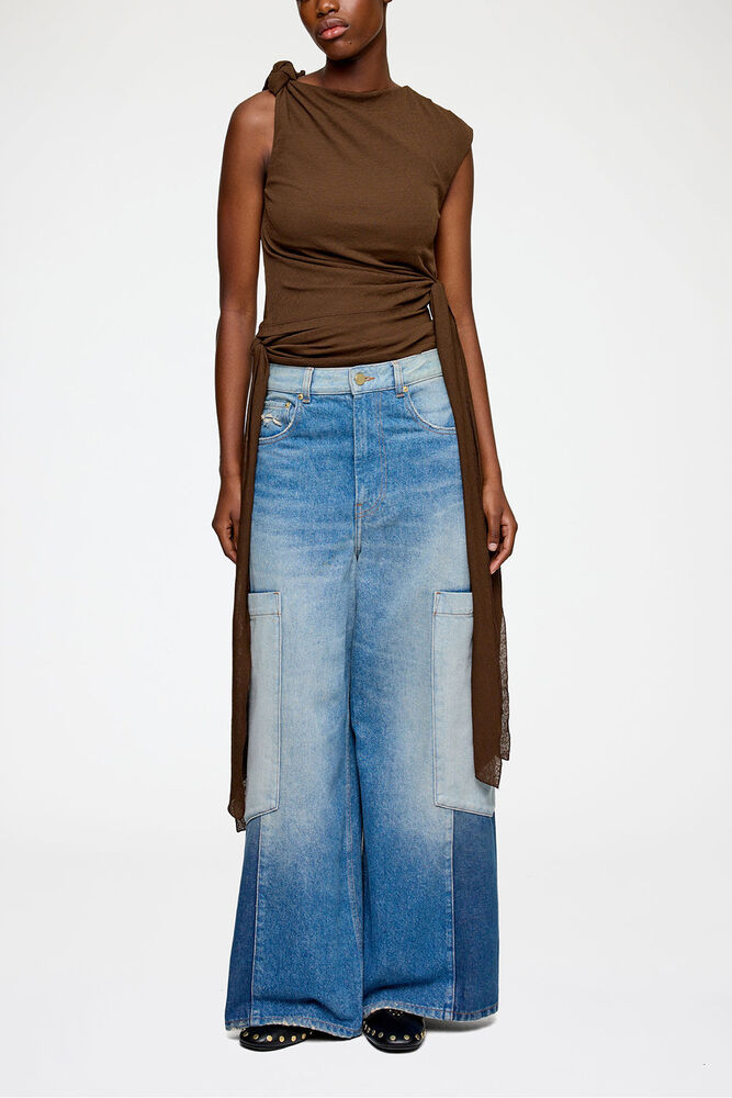 Baggy Cargo Jeans in Patchwork Denim, Mid Blue Vintage