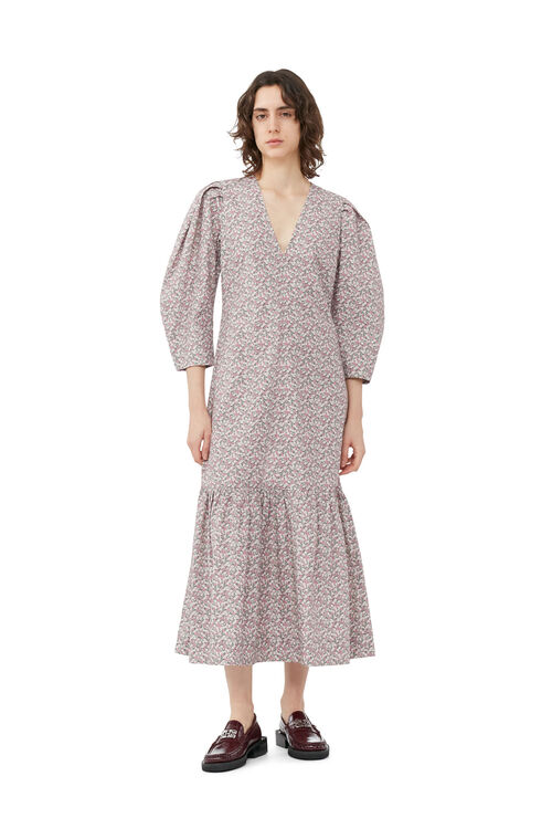 가니 원피스 GANNI Printed Cotton V-neck Maxi Dress,Frost Gray