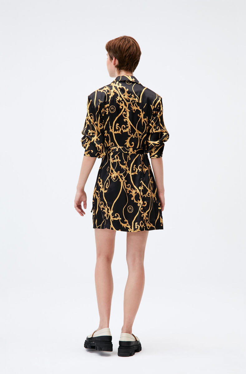 Silk Stretch Satin Panel Shirt Wrap Dress, Elastane, in colour Black - 3 - GANNI