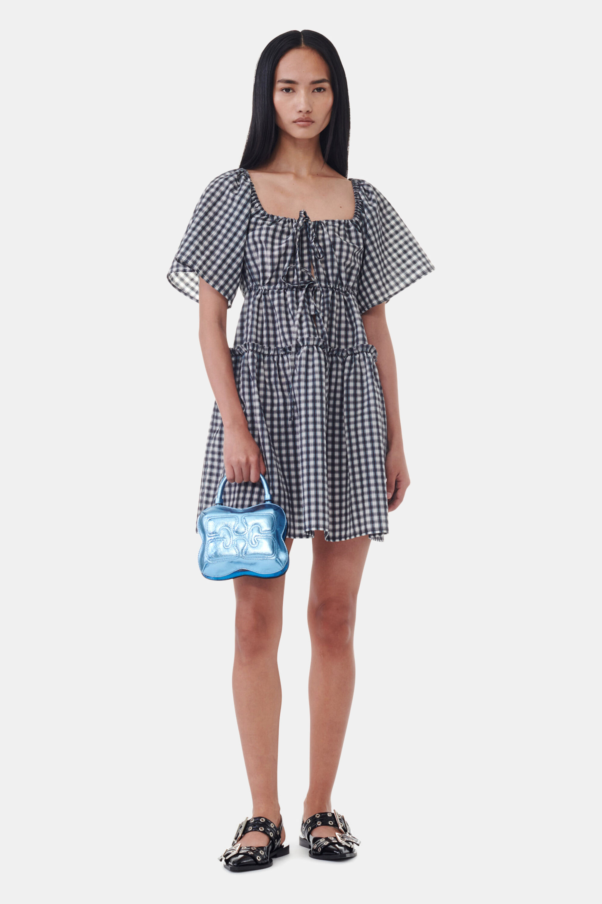 Egret Seersucker Check Mini Layer Dress | GANNI US