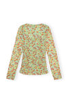 Printed Mesh Blouse , Recycled Nylon, in colour Meadow Celadon Green - 2 - GANNI