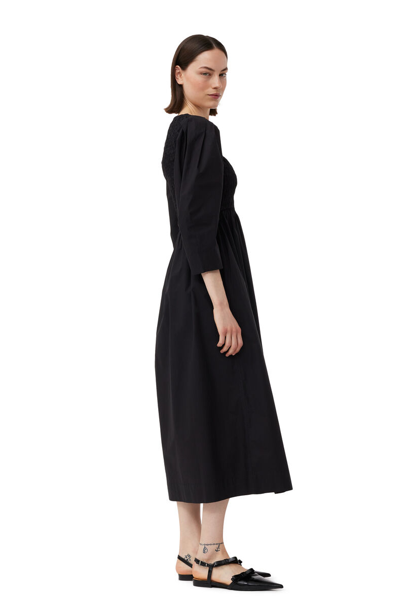 Black Cotton Poplin Open-neck Smock Long Kleid, Cotton, in colour Black - 3 - GANNI