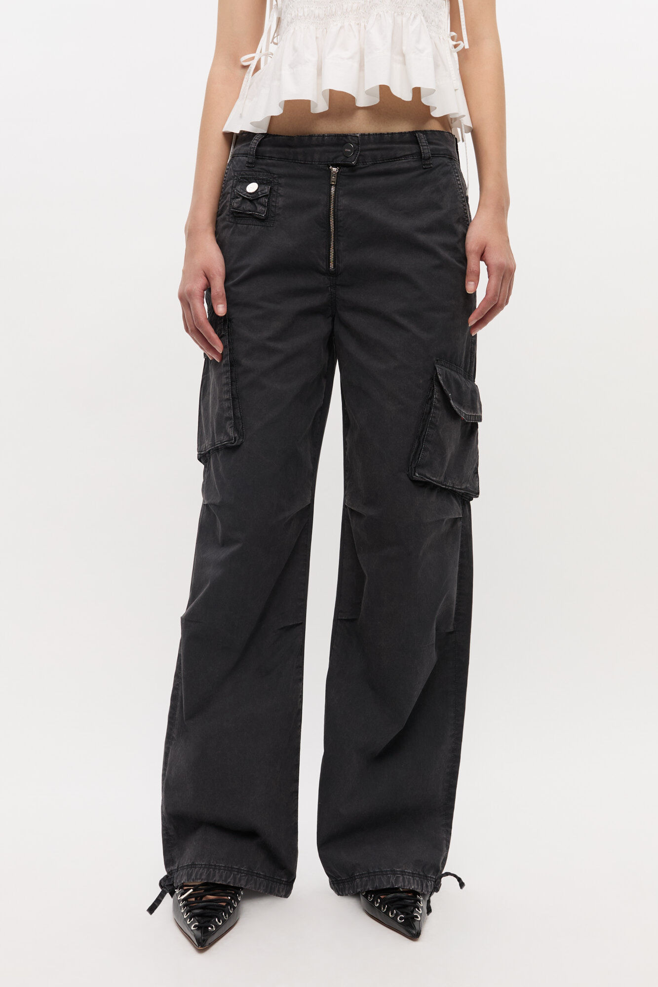 Black Washed Twill Pants, Organic Cotton, in colour Phantom - 2 - GANNI
