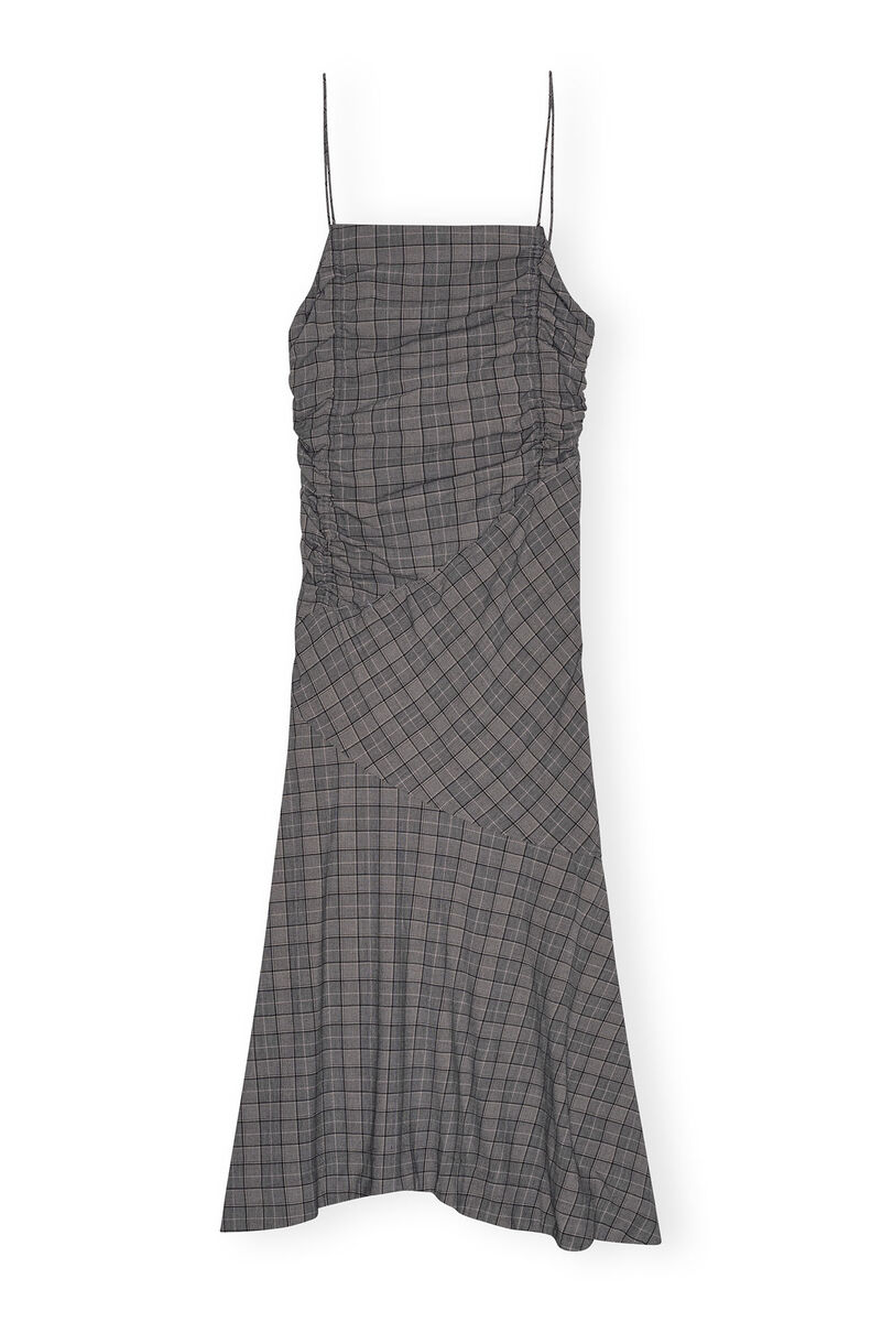 Checkered Ruched Long Slip Kjole, Elastane, in colour Frost Gray - 1 - GANNI