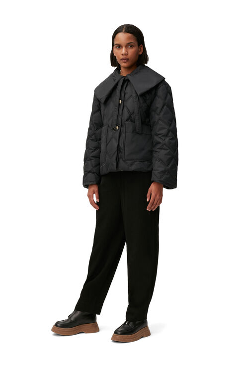 Ganni Ripstop Quilt Big Collar Jacket Black In Black