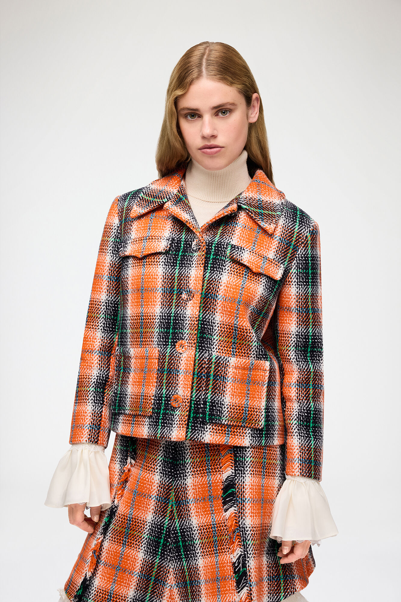 Blazer in Graphic Check, Recycled Wool, in colour Mandarin Orange - 1 - GANNI