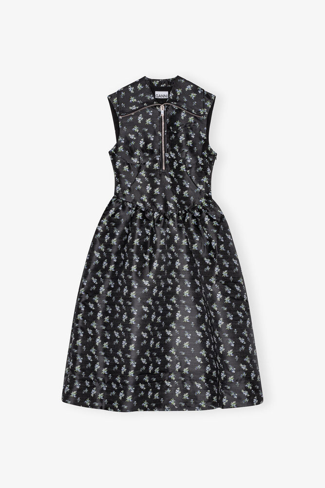 Robe midi en Jacquard floral noir, Black