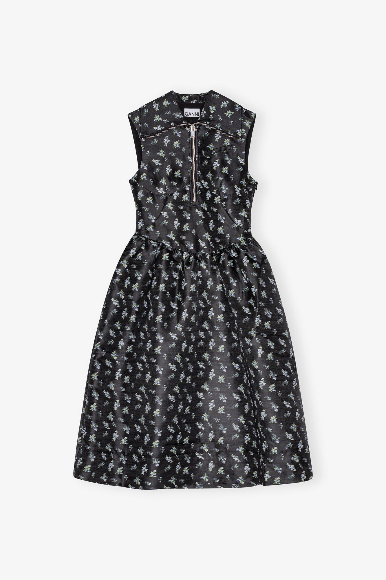 Black Floral Jacquard Midi Dress, Recycled Polyester, in colour Black - 1 - GANNI