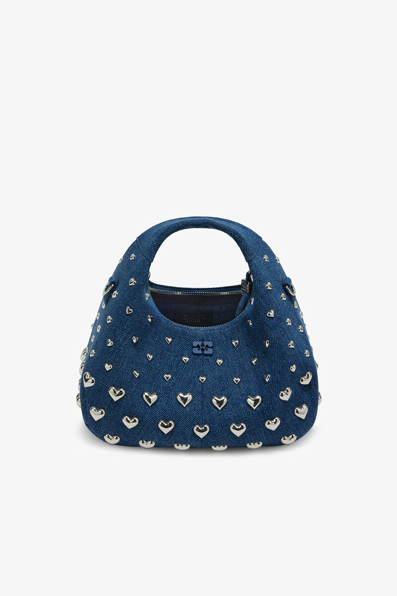 Denim Stud Mini Hobo Bag, Recycled Cotton, in colour Navy Peony - 3 - GANNI