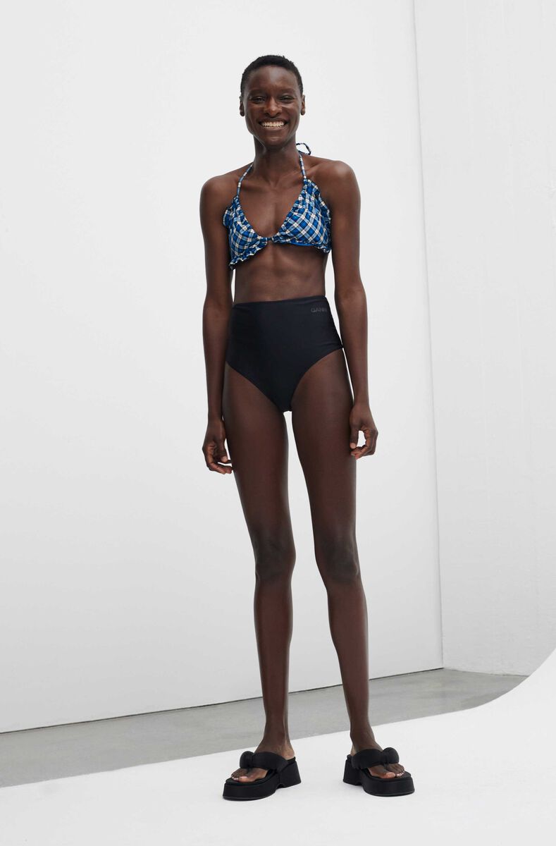 Seersucker String Bikini Top, Elastane, in colour Check Azure Blue - 2 - GANNI