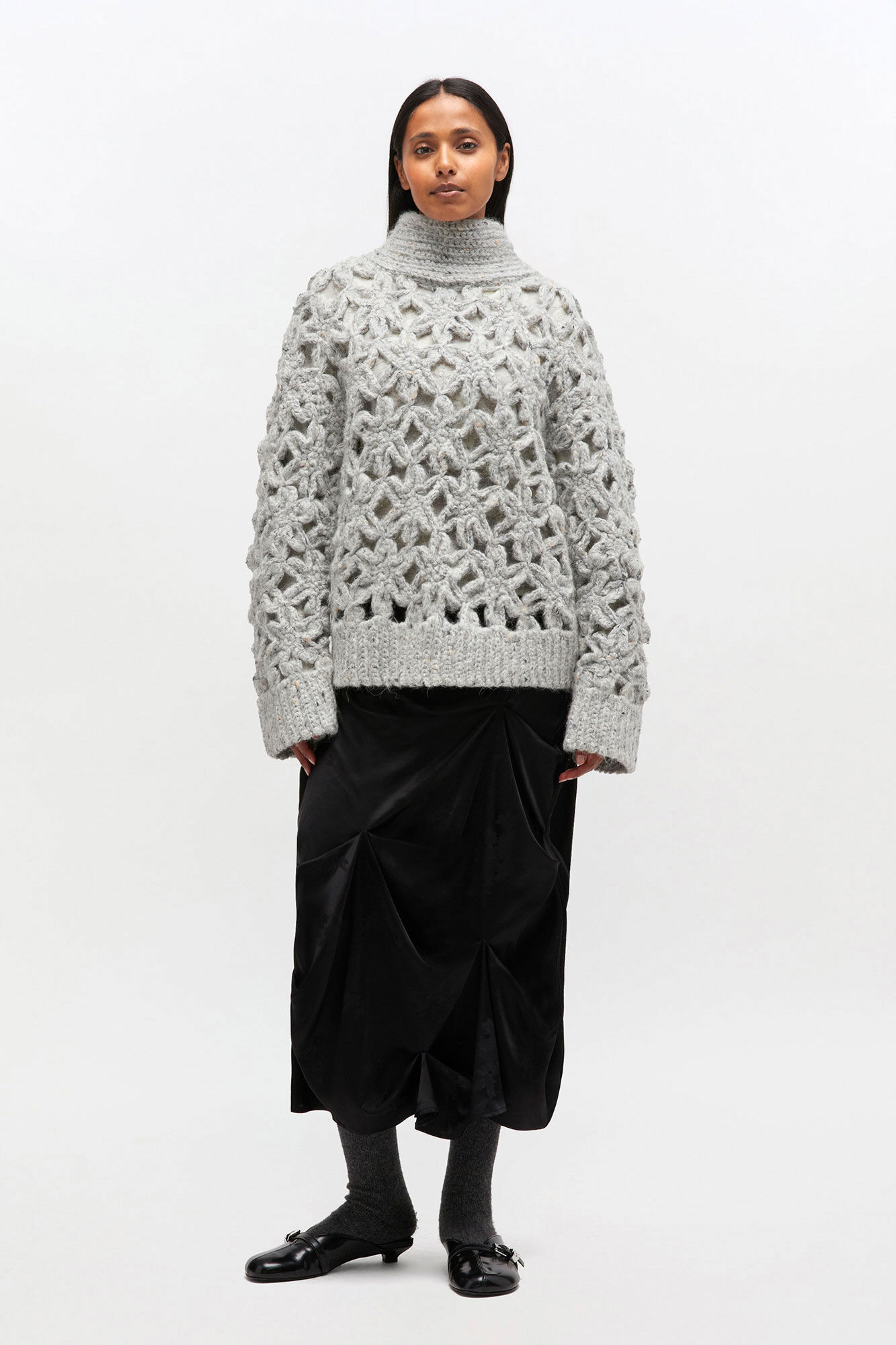 Grey Flower Crochet Sweater, Elastane, in colour Paloma - 2 - GANNI