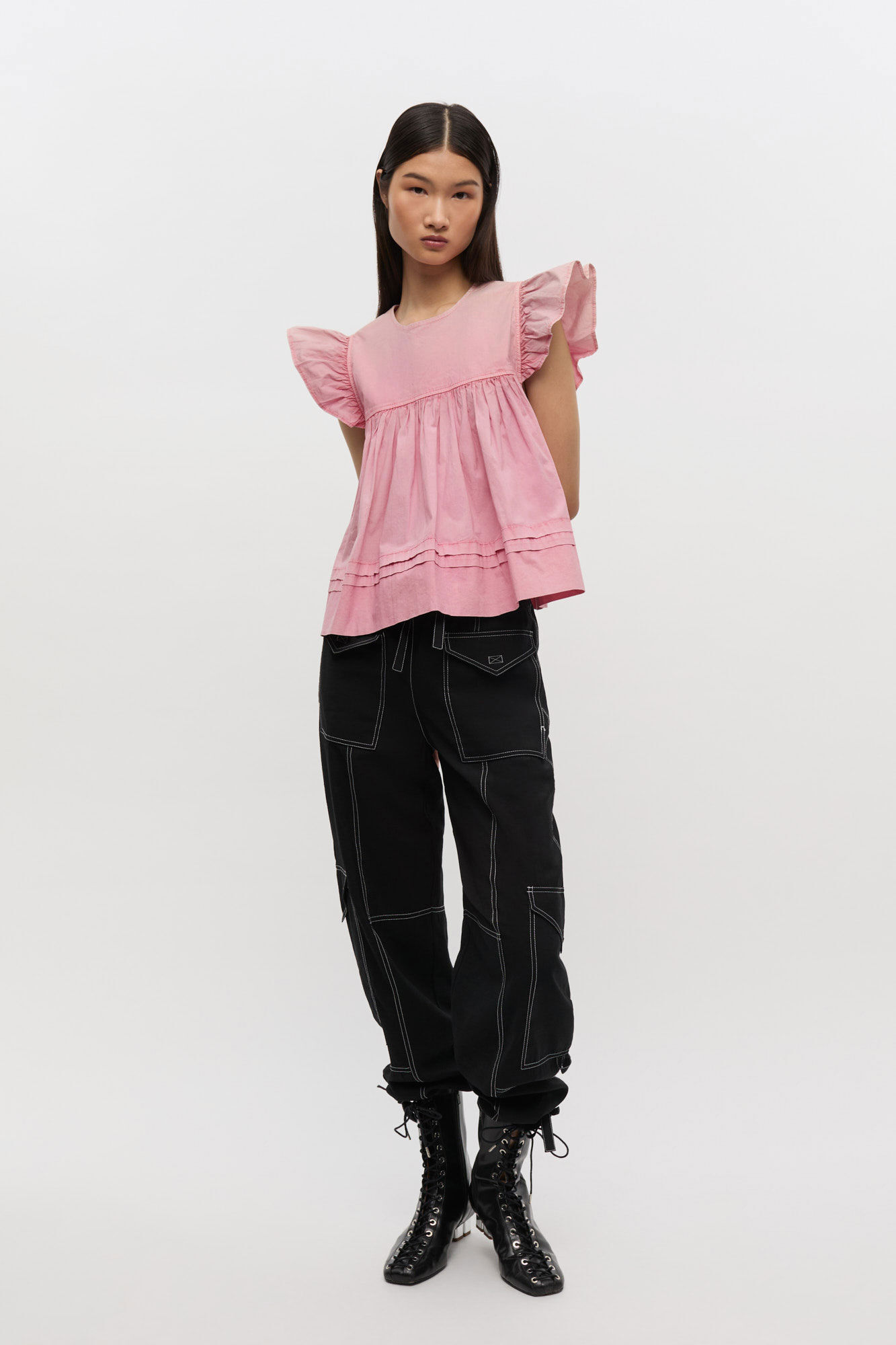 Pink Washed Cotton Top, Elastane, in colour Bleached Mauve - 2 - GANNI