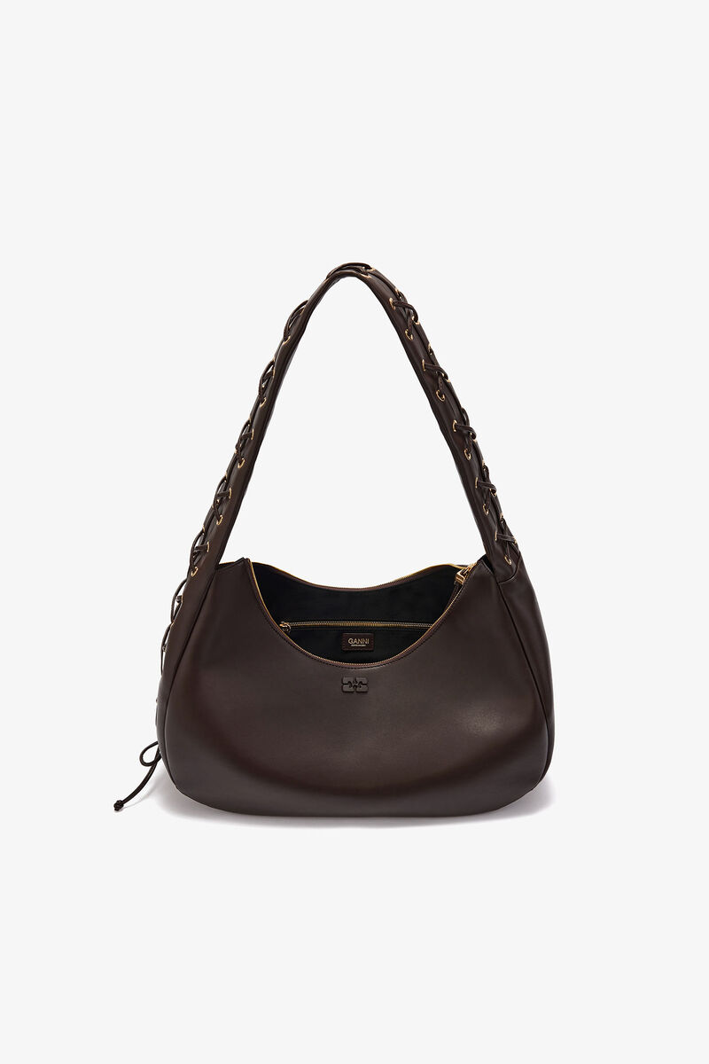 Brun medium hoboväska med snörning, Polyester, in colour Chocolate Torte - 3 - GANNI