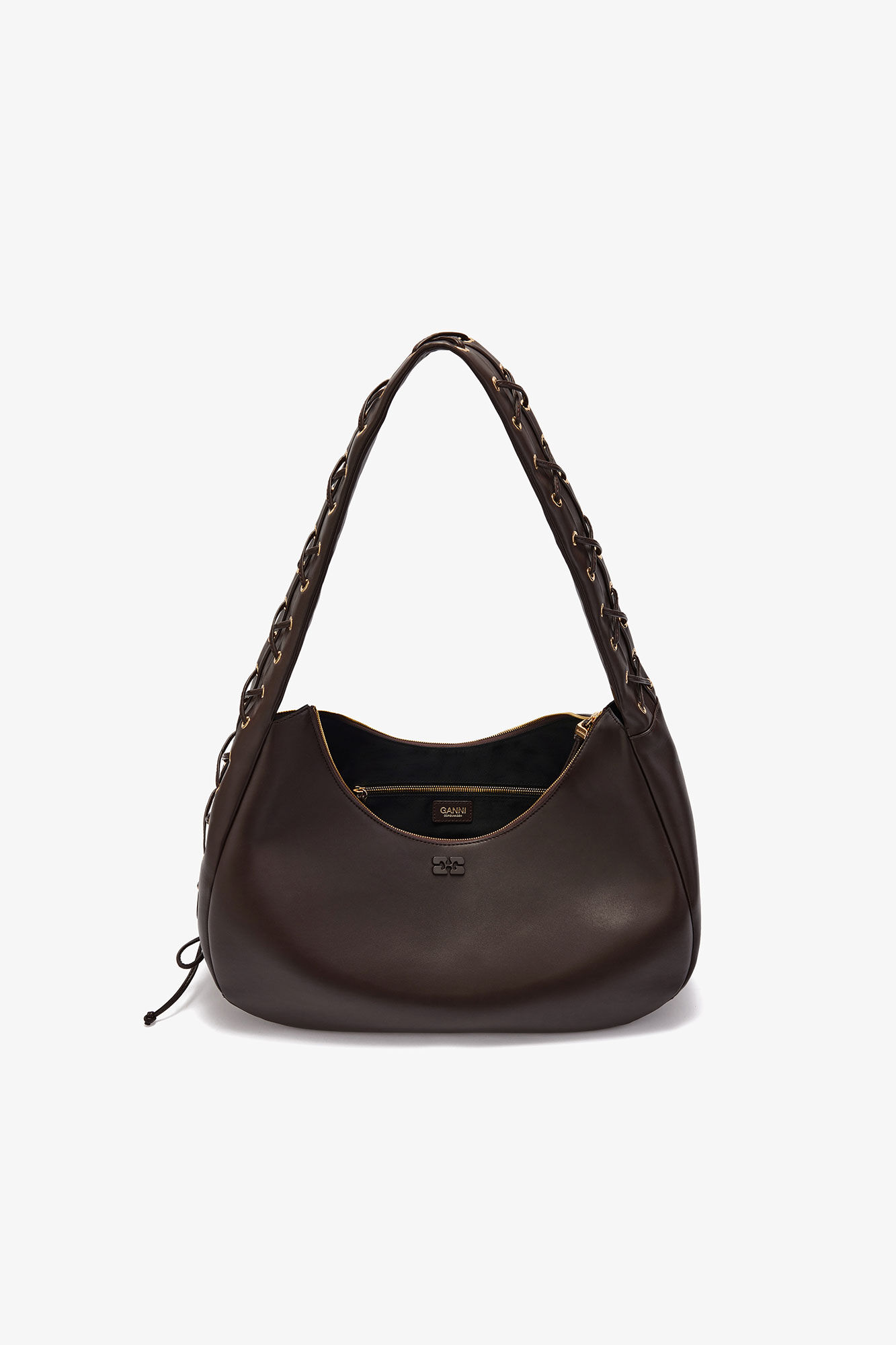 Brun medium hoboväska med snörning, Polyester, in colour Chocolate Torte - 3 - GANNI
