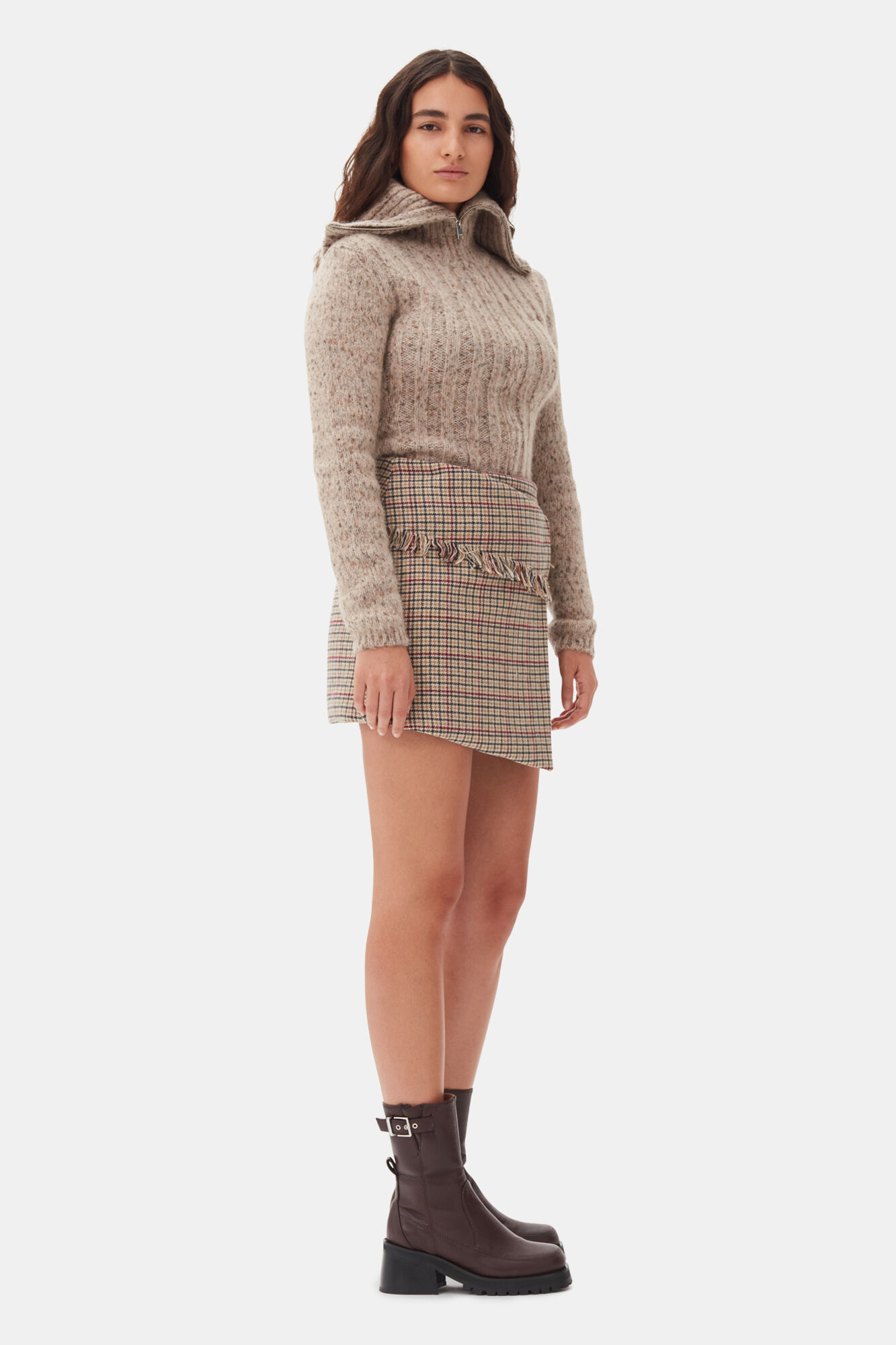 Brown Highneck Zip Cardigan, Alpaca, in colour Safari - 3 - GANNI