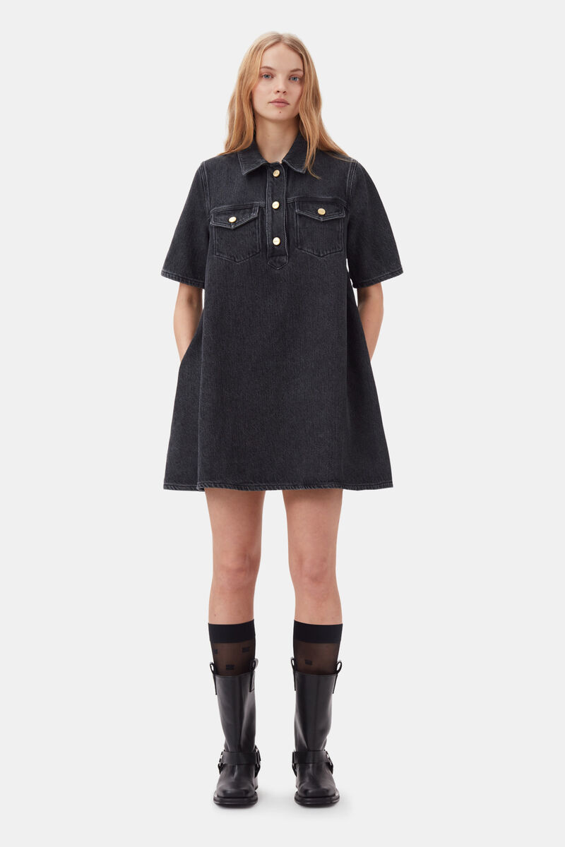 Washed Black Heavy Denim Mini Dress, Cotton, in colour Washed Black/Black - 1 - GANNI