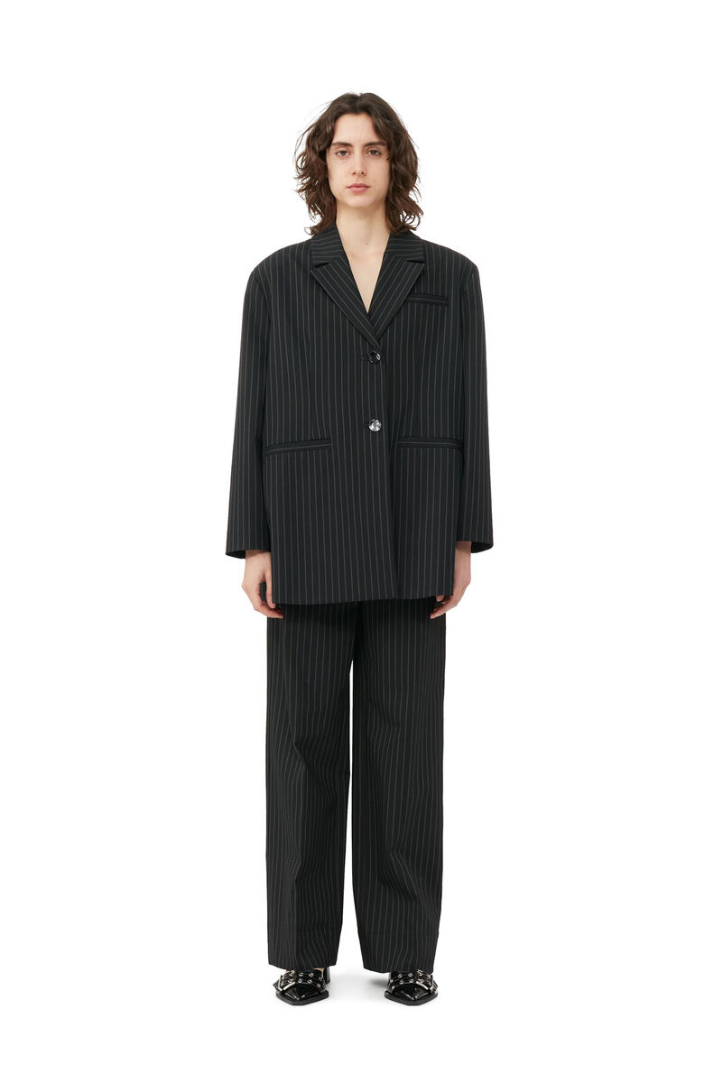 Stretch Stripe Oversized Blazer, Elastane, in colour Black - 2 - GANNI